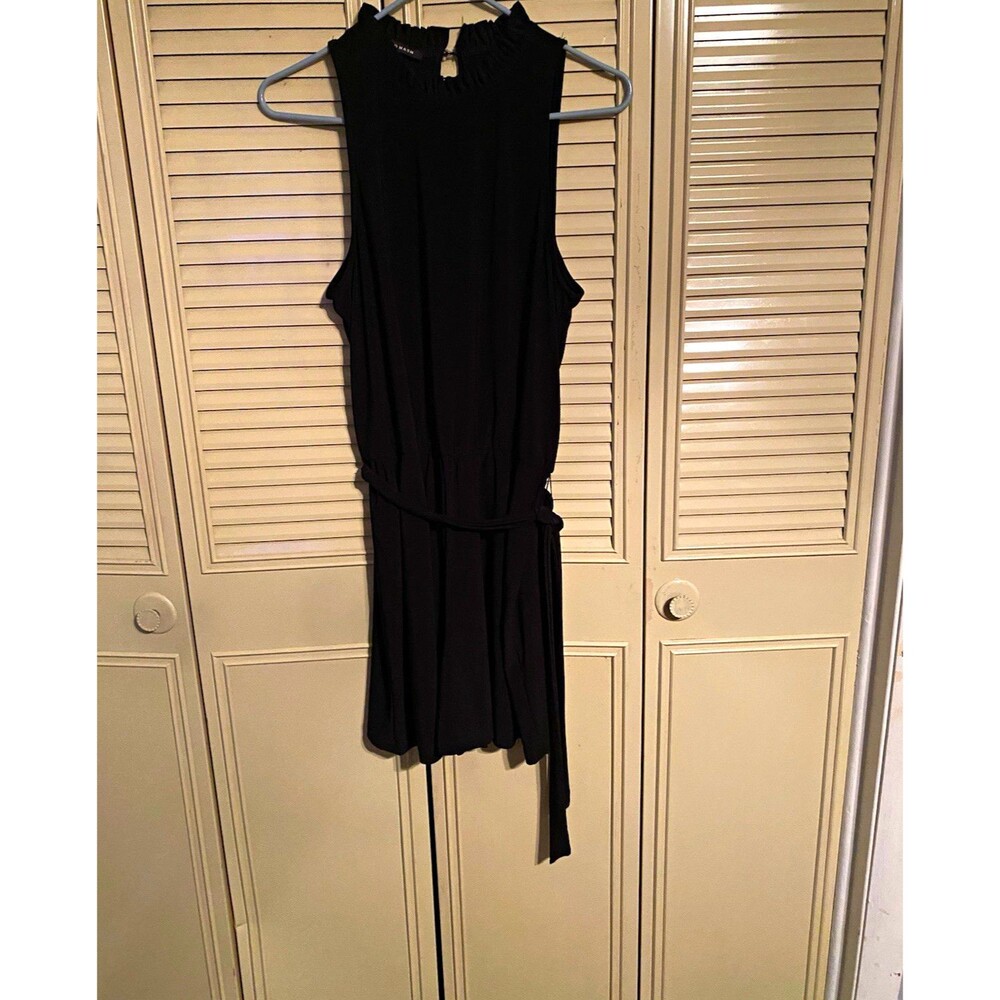 Nik and Nash Black Solid High Neck Sleeveless Ruffle Belted Mini Romper L